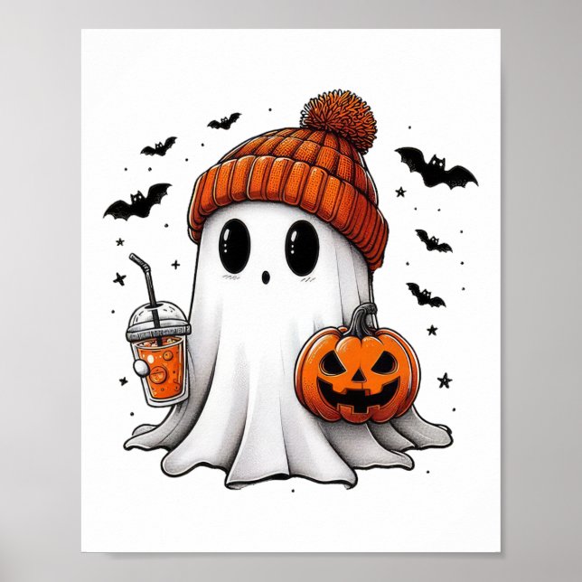 Poster Café Ghost Ghost Bebendo Bonito Café Halloween Caf (Frente)
