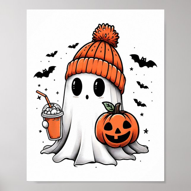 Poster Café Ghost Ghost Bebendo Bonito Café Halloween Caf (Frente)