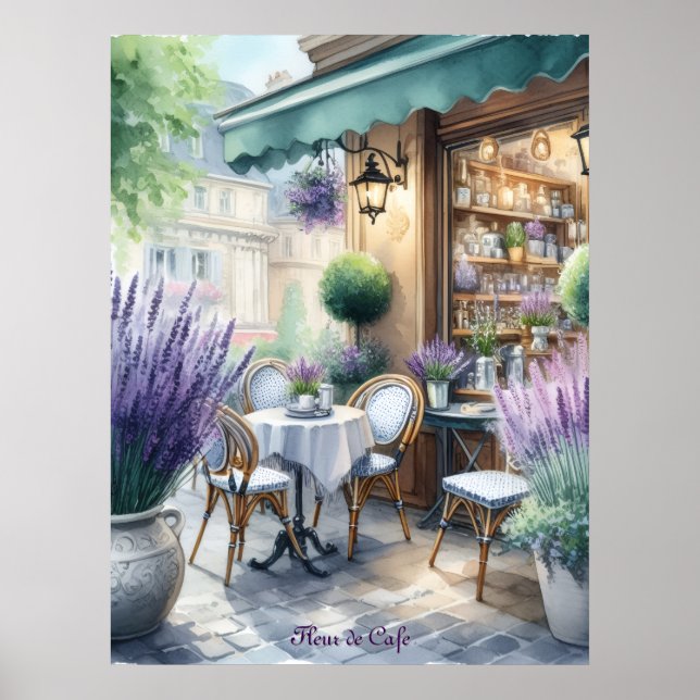 Poster Café Parisiense com Flores de Lavanda (Frente)