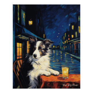 Pôster Cafe Terrace na Noite - Border Collie Dog 003 - Qi
