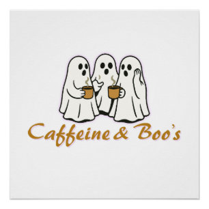 Pôster Cafeína e Boo - Cute Coffee Ghost Halloween Des