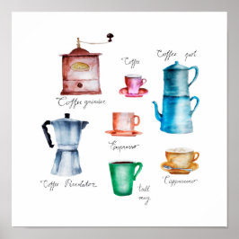 Poster Cafeteira de aguarela, moedor, xícara, caneca, caf