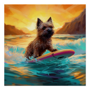 Pôster Cairn Terrier Beach Surfing Painting