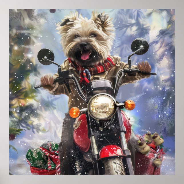 Poster Cairn Terrier Dog Dirigindo motocicleta Natal (Frente)