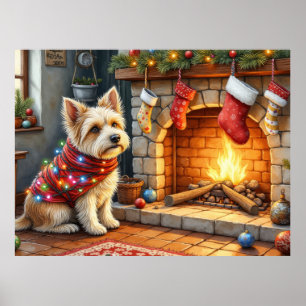 Poster Cairn Terrier Sentado junto à Lareira Luzes de Nat