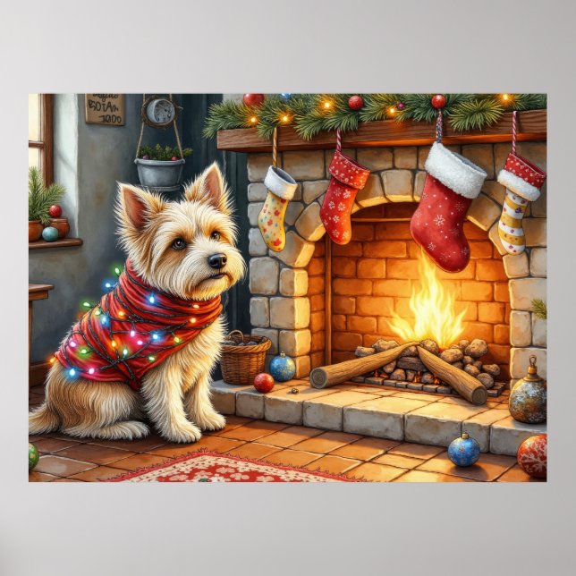 Poster Cairn Terrier Sitting Fireplace Christmas Lights (Frente)