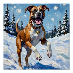 Pôster Caixa de Cão Energetico Saltando na Neve de Invern