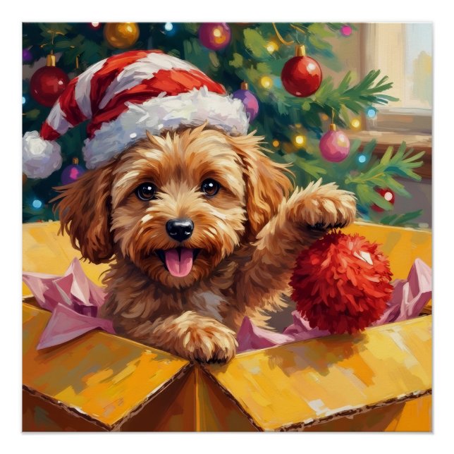 Pôster Caixa Surpresa de Natal com Cachorro Cockapoo (Frente)