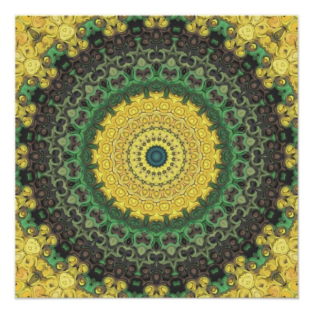Pôster Caleidoscópio Amarelo e Verde Padrão de Mandala (Frente)