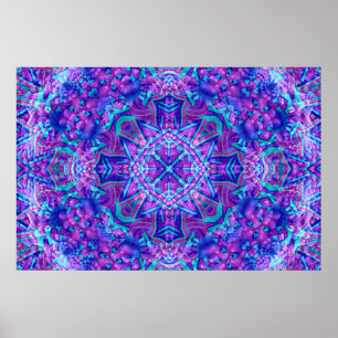 Poster Caleidoscópio Fractal com Vintagem Puro e Azul