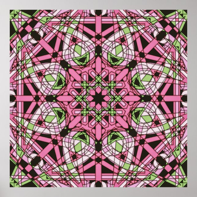 Poster Caleidoscópio Psicodélico Rosa e Verde Mandala (Frente)