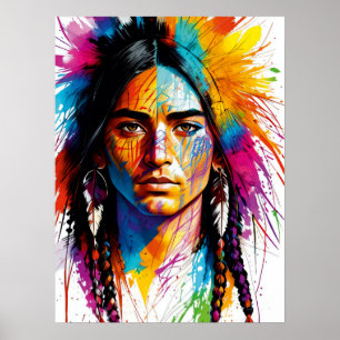 Poster Caleidoscópio Tribal: Retrato Colorido de Indígena