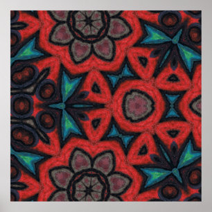 Poster Caleidoscópio Vermelho e Azul Mandala Padrões Flor