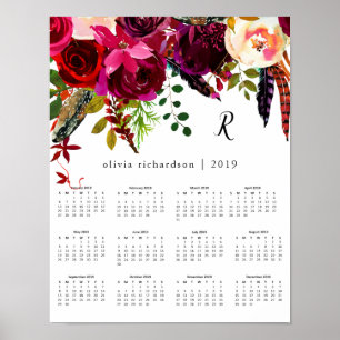 Poster Calendário 2019 floral de Boho com monograma