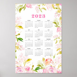 Poster Calendário 2023 da flor de aquarelas