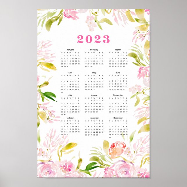 Poster Calendário 2023 da flor de aquarelas (Frente)