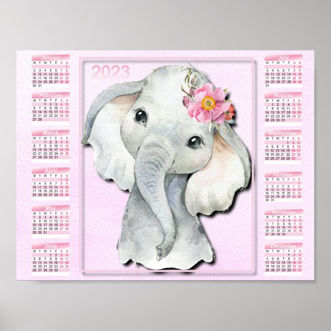 Poster Calendário 2023 Para Crianças, Elefante De Aquarel (Frente)