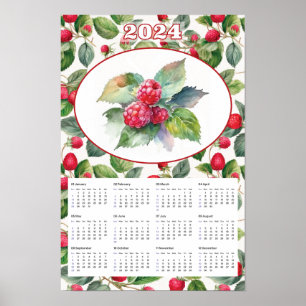 Poster Calendário 2024 Framboesas Vintage Aquarela