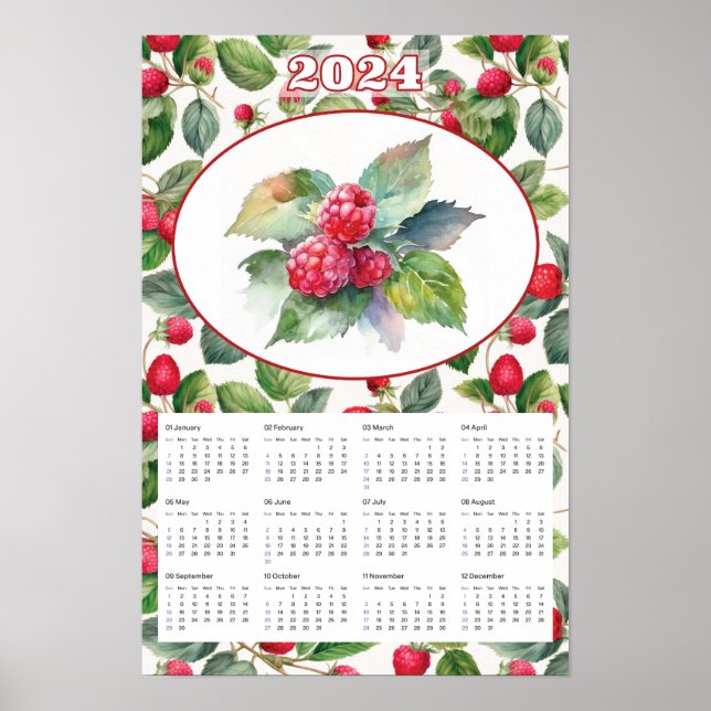 Poster Calendário 2024 Frambosas Antigas Aquarela  (Frente)
