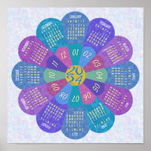 Poster Calendário 2024 Único Redondo Boho Flor Roxa