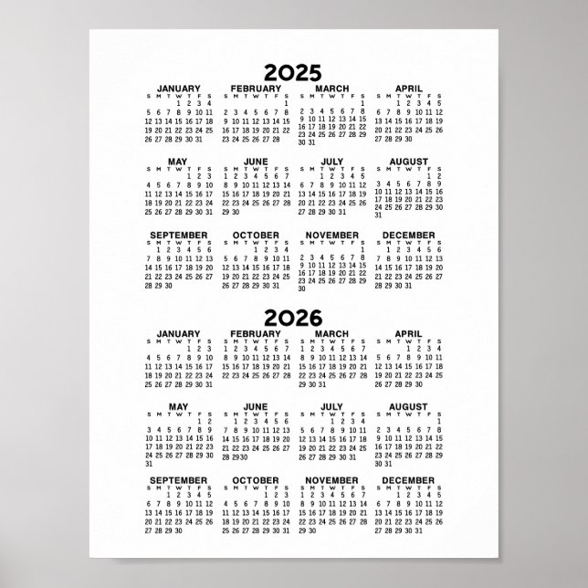 Poster Calendário 2025 2026 - preto e branco mínimo básic (Frente)