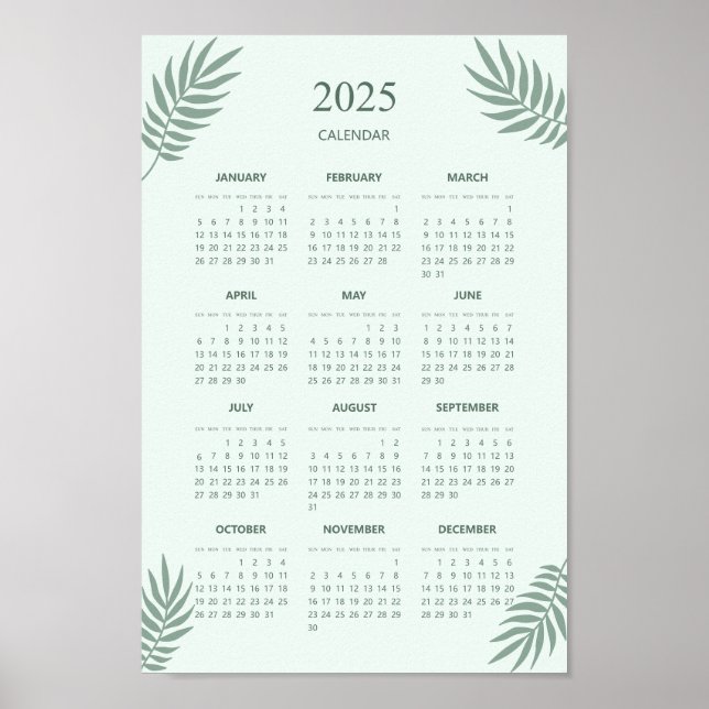 Poster Calendário 2025 Boho Aestético Floral Verde (Frente)