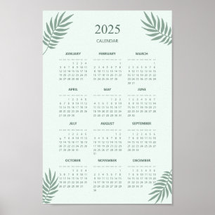 Poster Calendário 2025 Boho Floral Estético Verde Menta