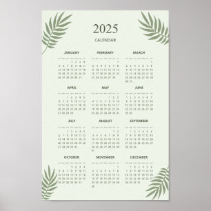 Poster Calendário 2025 Boho Floral Estético Verde Sage