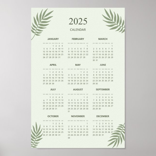 Poster Calendário 2025 Boho Floral Estético Verde Sage (Frente)
