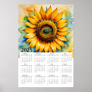 Poster Calendário 2025 da Watercolor Sunflower
