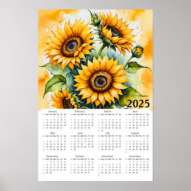Poster Calendário 2025 da Watercolor Sunflower (Frente)
