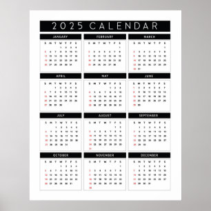 Poster Calendário 2025 preto e branco simples