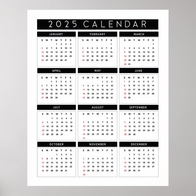 Poster Calendário 2025 preto e branco simples (Frente)