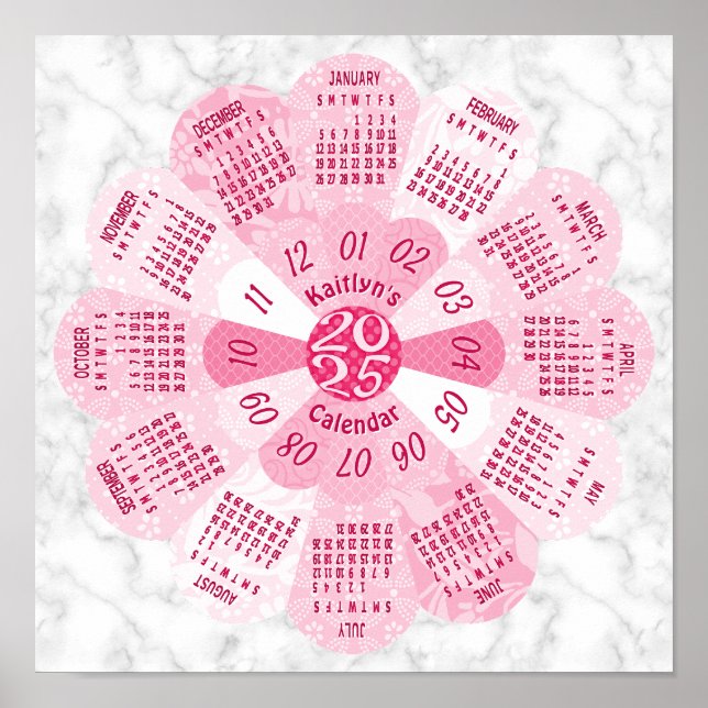 Poster Calendário 2025 Único Flor Cor-de-Rosa Arredondada (Frente)