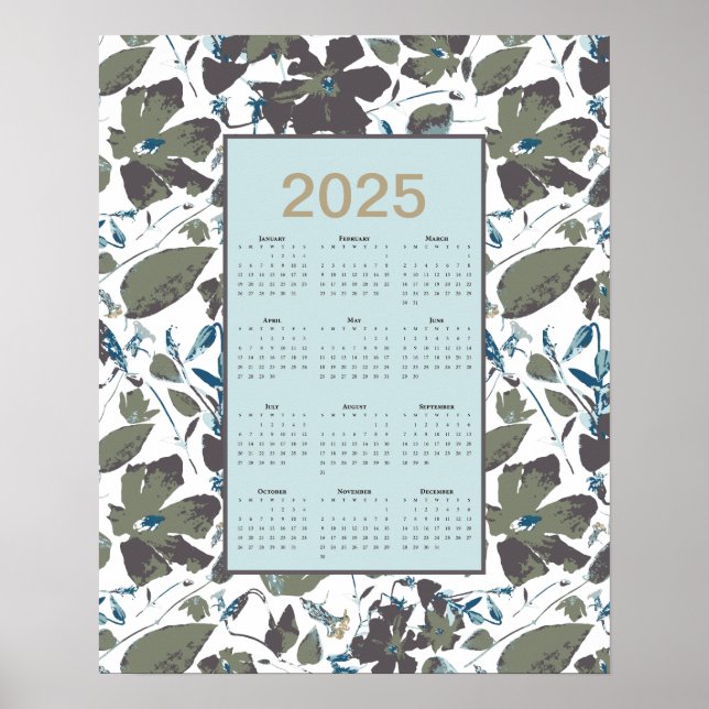 Poster Calendário 2025 Verde Azul Clematis Floral (Frente)