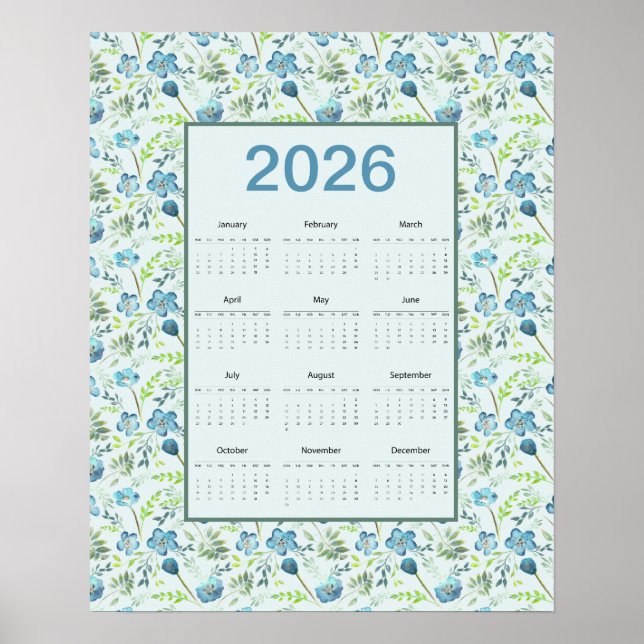 Poster Calendário 2026 Ano Inteiro Floral Azul (Frente)