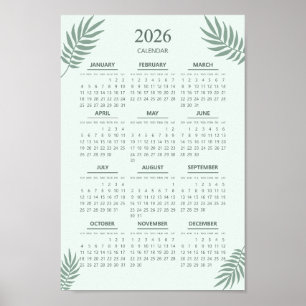 Poster Calendário 2026 Boho Floral Estético Verde Menta
