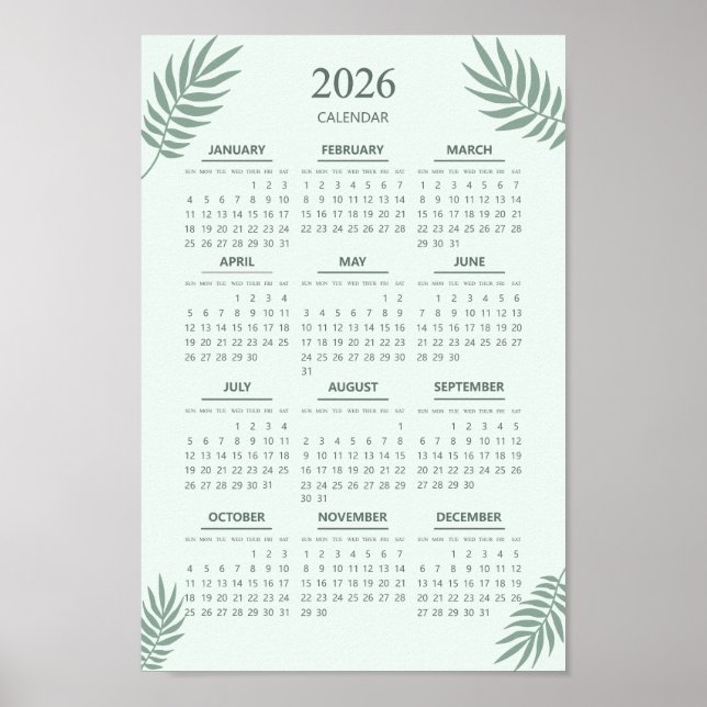 Poster Calendário 2026 Boho Floral Estético Verde Menta (Frente)