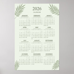 Poster Calendário 2026 Boho Floral Estético Verde Salvia