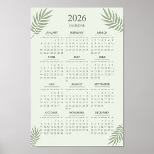 Poster Calendário 2026 Boho Floral Estético Verde Salvia