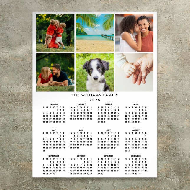 Poster Calendário 2026 Colagem de 6 Fotos Moderno (2026 Calendar 6 Photo Collage Modern Poster)