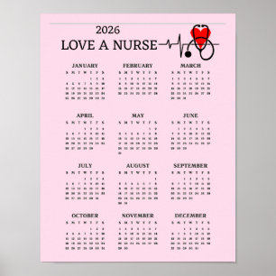 Poster Calendário 2026 de Estetoscópio Coração Ama uma En