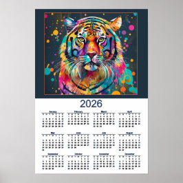 Poster Calendário 2026 do Tigre em Aquarela Deslumbrante 