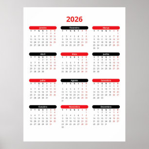 Poster Calendário 2026 Editável com Feriados Nacionais