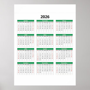 Poster Calendário 2026 Editável com Feriados Nacionais