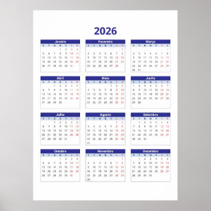 Poster Calendário 2026 Editável com Feriados Nacionais