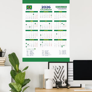 Poster Calendário 2026 Editável com Feriados Nacionais
