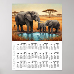 Poster Calendário 2026, Elefantes Africanos, Safari, Áfri