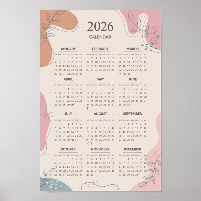 Poster Calendário 2026 Estético Abstrato Boho Século XX (Frente)