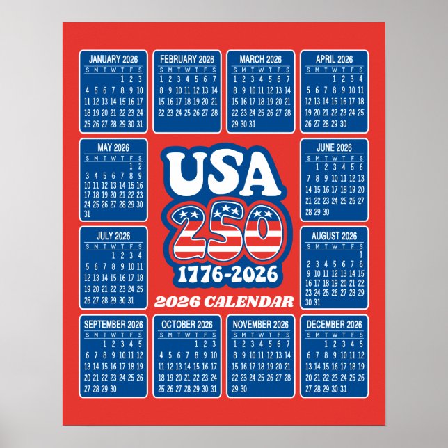 Poster Calendário 2026 - EUA 250 Red White Blue (Frente)